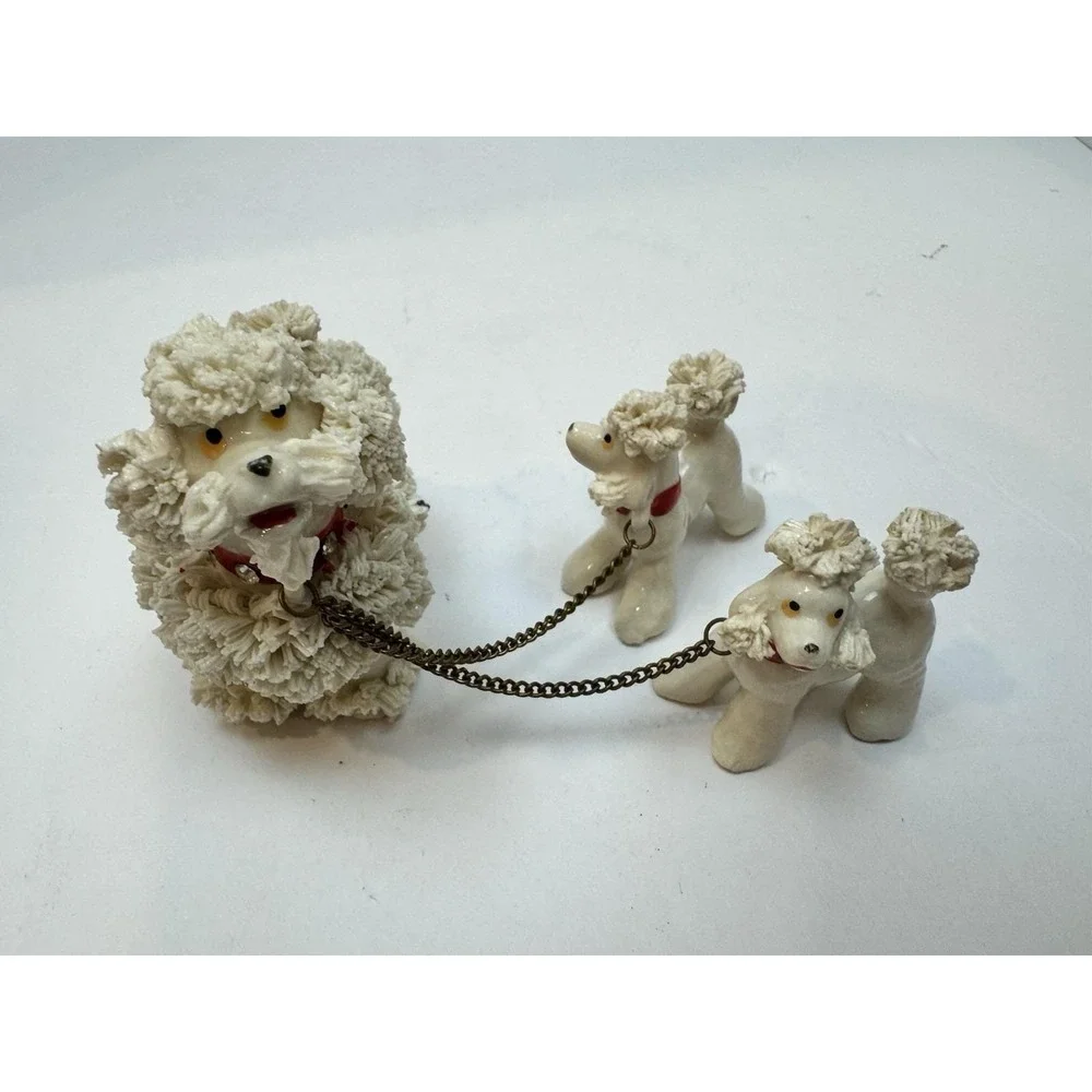 Vintage MCM Saghetti Poodle Dog Family Figurine Set with Chain Leash, Japan‎